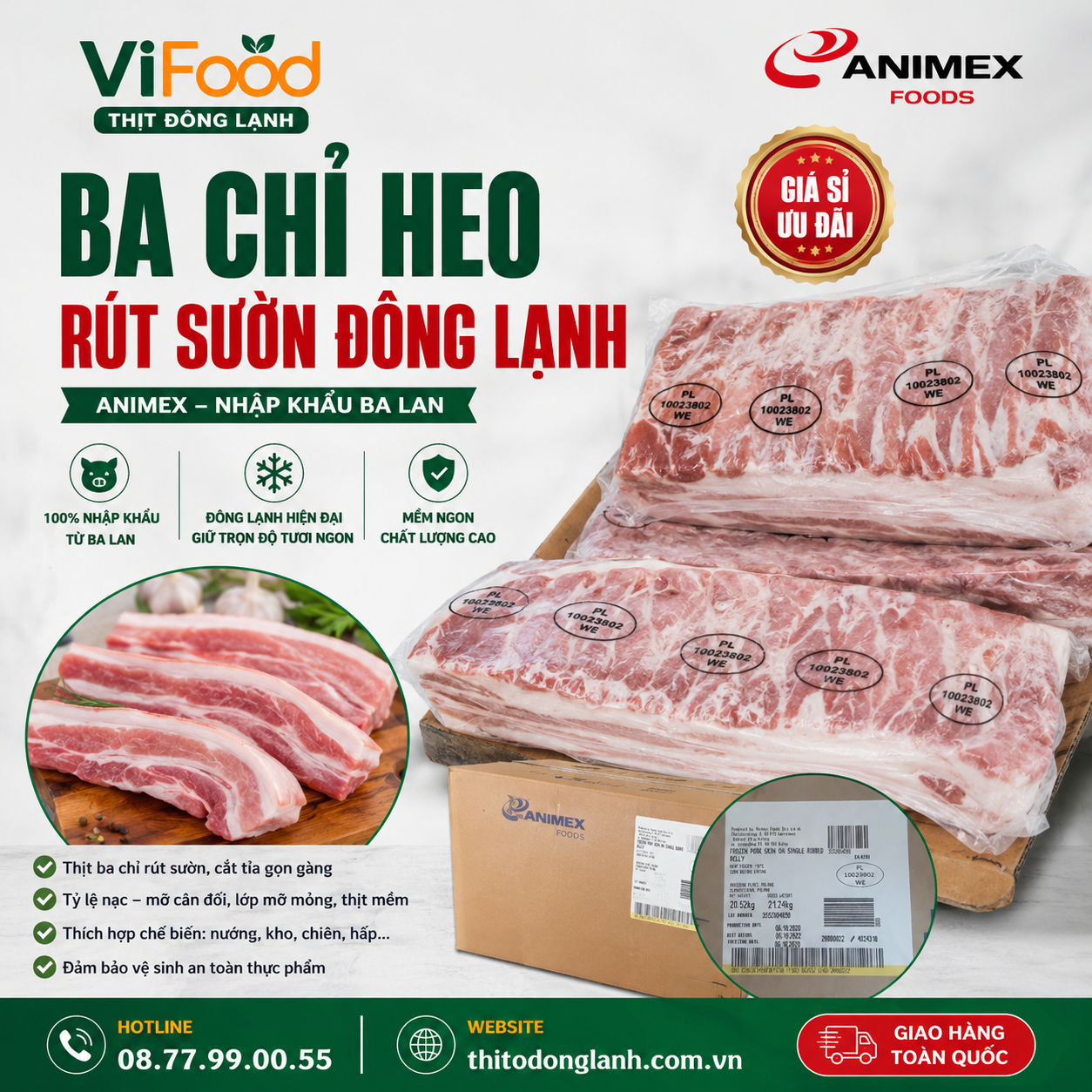 Ba Chỉ Heo Rút Sườn Đông Lạnh Animex Giá Sỉ